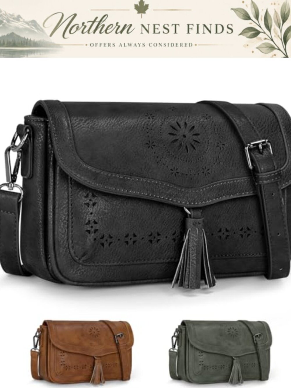 Faux Leather Crossbody Bag Retro Tassel Cutout Shoulder Bag Multi-Pocket Purse